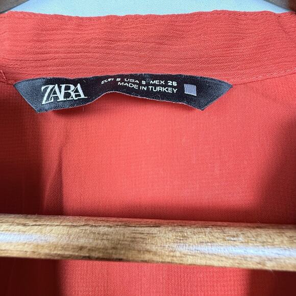 Zara Cherry Red Chiffon Blouson Midi Dress SIZE SMALL Button Front Deep V Retro - Picture 10 of 10